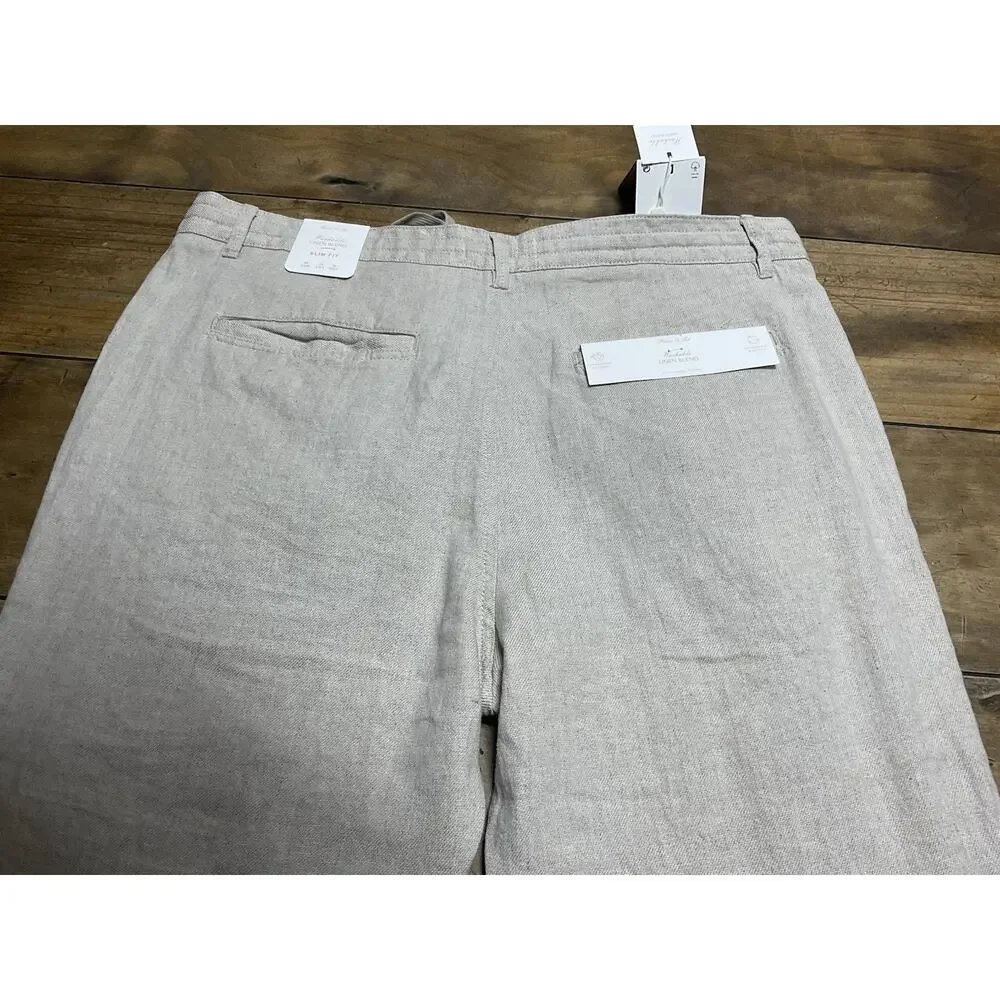 Porter & Ash Pants Mens Size 34 Beige Pleated Linen Blend Drawstring Tapered $88